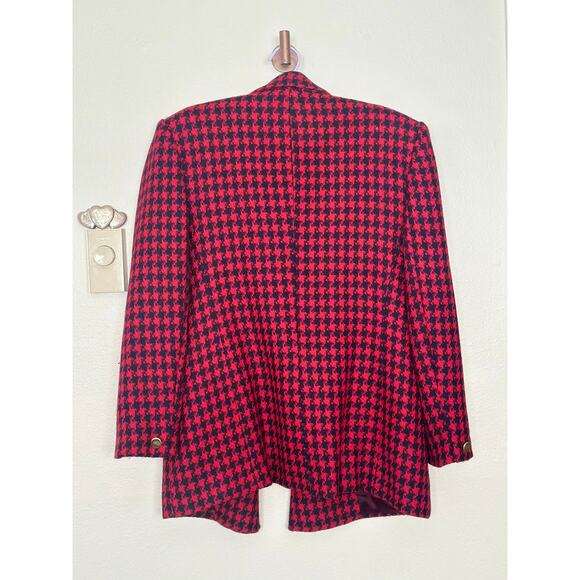 Vintage 100% Wool Blazer Collared Jacket Business Office Navy Red Houndstooth - Picture 3 of 12